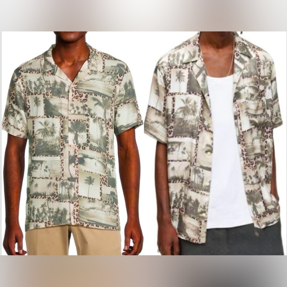 AllSaints Foto Short Sleeve Shirt Men's Size L Grey Relaxed Fit Camp Button Up